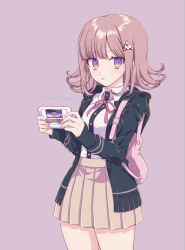 Rule 34 | 1girl, backpack, bag, black jacket, black shirt, breasts, brown skirt, collared shirt, commentary request, cowboy shot, danganronpa (series), danganronpa 2: goodbye despair, flipped hair, hair ornament, hairclip, hama cheese, handheld game console, hands up, highres, holding, hood, hoodie, jacket, long sleeves, looking at viewer, medium breasts, miniskirt, multicolored eyes, nanami chiaki, neck ribbon, open clothes, open mouth, pink background, pink eyes, pink ribbon, pleated skirt, purple eyes, ribbon, shirt, shirt tucked in, simple background, skirt, solo, standing, white shirt