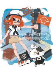 Rule 34 | 1girl, black bow, black bowtie, black neckerchief, blue eyes, bow, bowtie, brown shorts, chanko eee, flag, hat, holding, holding flag, inkling, inkling (language), inkling girl, inkling player character, judd (splatoon), li&#039;l judd (splatoon), neckerchief, nintendo, open mouth, pointy ears, red hair, sailor hat, shirt, shoes, short sleeves, shorts, sneakers, splatoon (series), splatoon 2, tentacle hair, white shirt