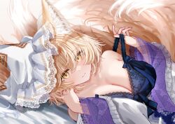 1girl animal_ears bare_shoulders blonde_hair blue_bra bra bra_pull breasts cleavage closed_mouth clothes_pull commentary_request fox_ears fox_girl fox_tail hair_between_eyes hat highres lace lace-trimmed_bra lace_trim large_breasts looking_at_viewer lying mob_cap multiple_tails on_side pulling_own_clothes sarasadou_dan solo tail touhou underwear yakumo_ran yellow_eyes