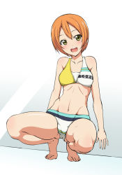 Rule 34 | 10s, 1girl, :d, bare shoulders, barefoot, bikini, blush, breasts, cameltoe, cleft of venus, clothes writing, feet, foreshortening, hoshizora rin, kosuke haruhito, love live!, love live! school idol festival, love live! school idol project, multicolored stripes, navel, open mouth, orange hair, short hair, small breasts, smile, solo, squatting, striped bikini, striped clothes, swimsuit, tiptoes, toes, toned, yellow eyes