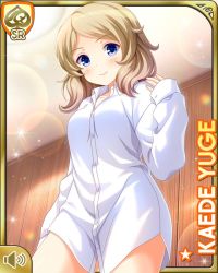 Rule 34 | 1girl, bare legs, barefoot, blonde hair, blue eyes, bottomless, card, character name, closed mouth, day, dress shirt, girlfriend (kari), indoors, official art, qp:flapper, shirt, smile, solo, tagme, white shirt, yuge kaede