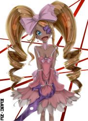 Rule 34 | 10s, 1girl, absurdres, big hair, blonde hair, blue eyes, bow, breasts, choker, cleavage, dress, drill hair, earrings, eyepatch, hair bow, harime nui, heart, heart earrings, highres, jewelry, kill la kill, long hair, luca donnarumma, mega-ne, open mouth, pink bow, scissor blade (kill la kill), small breasts, smile, solo, twin drills, twintails, vambraces, very long hair, weapon