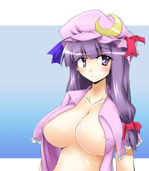Rule 34 | 1girl, areola slip, bad id, bad pixiv id, blue background, blush, breasts, crescent, crescent hair ornament, female focus, gradient background, hair ornament, hat, highres, huge breasts, long hair, low-tied long hair, mob cap, open clothes, patchouli knowledge, purple eyes, purple hair, shimanaka arihito, solo, touhou