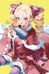 Rule 34 | 1girl, :o, absurdres, beatrice (re:zero), blonde hair, blue eyes, blush, book, bow, butterfly-shaped pupils, capelet, character name, crown, dress, drill hair, frilled bow, frills, fur trim, hair bow, hair ribbon, highres, holding, holding book, hugging book, hugging object, long dress, long hair, looking at viewer, mini crown, miyu10366, pantyhose, re:zero kara hajimeru isekai seikatsu, red bow, red dress, ribbon, sitting, solo, striped clothes, striped pantyhose, symbol-shaped pupils, twin drills, yellow background