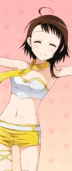 Rule 34 | 10s, 1girl, ahoge, armpits, breasts, brown hair, cleavage, closed eyes, collarbone, cowboy shot, crop top, midriff, navel, nisekoi, onodera kosaki, outstretched arms, race queen, shiny skin, short hair with long locks, short shorts, shorts, sidelocks, small breasts, solo, standing, stomach, thighhighs, yellow shorts, yellow thighhighs