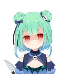 Rule 34 | 1girl, bare shoulders, black bow, blue dress, blue sleeves, blush, bow, closed mouth, detached sleeves, deyui, double bun, dress, earrings, empty eyes, green hair, hair bow, hair bun, hair ornament, highres, hololive, jewelry, knife, looking at viewer, puffy sleeves, red eyes, shaded face, skull earrings, skull hair ornament, sleeveless, sleeveless dress, solo, upper body, uruha rushia, uruha rushia (1st costume), virtual youtuber, white background, yandere
