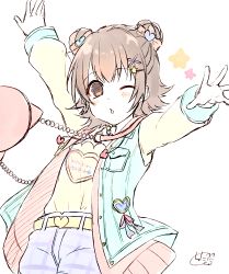 Rule 34 | 1girl, akagi miria, arms up, bag, belt, belt buckle, blue jacket, bow, brown bow, brown eyes, brown hair, buckle, chita (ketchup), clothes writing, commentary request, double bun, hair bow, hair bun, hair ornament, heart, heart hair ornament, idolmaster, idolmaster cinderella girls, jacket, long sleeves, open clothes, open jacket, outstretched arms, purple shorts, shirt, short shorts, shorts, shoulder bag, signature, sleeveless, sleeveless jacket, sleeves past wrists, solo, white background, yellow belt, yellow shirt