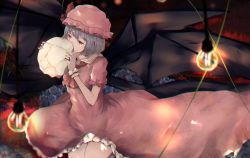 Rule 34 | 1girl, absurdres, adapted costume, ascot, bat wings, black wings, blurry, blurry background, blurry foreground, chromatic aberration, commentary, cowboy shot, dress, frilled dress, frilled hat, frills, grey hair, hat, hat ribbon, highres, holding, holding skull, kurowa (curowa), light bulb, long dress, mob cap, pink dress, pink hat, red ascot, red eyes, red ribbon, remilia scarlet, ribbon, short hair, short sleeves, skull, solo, touhou, wings, wrist cuffs