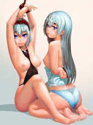 Rule 34 | 10s, 2girls, aqua panties, arms behind back, arms up, ass, barefoot, bdsm, between breasts, blush, bondage, bound, breasts, breasts out, butt crack, chaika bogdan, chaika trabant, cum, cum on body, cum on breasts, cum on hair, cum on upper body, eyebrows, facial, feet, full body, hair between eyes, hairband, highres, hitsugi no chaika, lasterk, lolita hairband, long hair, long legs, looking at viewer, looking back, medium breasts, multiple girls, nipples, open mouth, panties, purple eyes, restrained, rope, seiza, short hair, silver hair, sitting, small breasts, soles, thick eyebrows, toes, underwear, underwear only