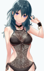 Rule 34 | 1girl, adapted costume, alternate costume, bikini, black bikini, black choker, black one-piece swimsuit, blue background, blue hair, blush, bracelet, breasts, byleth (female) (fire emblem), byleth (fire emblem), choker, closed mouth, commentary request, covered navel, cowboy shot, fire emblem, fire emblem: three houses, hair between eyes, haru (nakajou-28), head tilt, highres, holding, holding own hair, jewelry, long hair, looking at viewer, medallion, medium breasts, nintendo, one-piece swimsuit, purple eyes, side-tie swimsuit, simple background, smile, solo, swimsuit, wristband