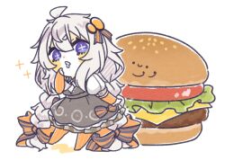 Rule 34 | + +, 1girl, ahoge, black dress, bow, braid, burger, chibi, collared shirt, commentary request, detached sleeves, dress, drooling, finger to own chin, food, food with face, fu-ren, grey hair, hair bow, hair ornament, hand up, index finger raised, kizuna akari, layered sleeves, long hair, long sleeves, low twin braids, mouth drool, multiple hair bows, no shoes, orange bow, orange pantyhose, orange sleeves, oversized food, oversized object, pantyhose, pinafore dress, puffy short sleeves, puffy sleeves, purple eyes, shirt, short eyebrows, short over long sleeves, short sleeves, simple background, sleeveless, sleeveless dress, solo, sparkle, standing, striped bow, twin braids, v-shaped eyebrows, very long hair, vocaloid, voiceroid, white background, white shirt