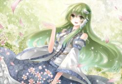 Rule 34 | 1girl, bare shoulders, detached sleeves, dutch angle, female focus, flower, frog, green eyes, green hair, hair ornament, happy, jewelry, kochiya sanae, long hair, matching hair/eyes, necklace, open mouth, outstretched hand, petals, smile, snake, solo, touhou, vetina, wide sleeves