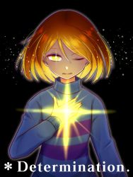 Rule 34 | 1other, black background, brown hair, commentary, english text, frisk (undertale), glowing, glowing eye, hand on own chest, highres, light, looking at viewer, one eye closed, outline, short hair, solo, striped clothes, striped sweater, sweater, undertale, upper body, yellow eyes, yuupontan.