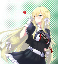 Rule 34 | 1girl, arm at side, assault lily, asymmetrical gloves, belt, black shirt, black skirt, blonde hair, blue eyes, blush, breasts, brown gloves, buckle, commentary request, cowboy shot, cropped jacket, cross-laced clothes, elbow gloves, frilled skirt, frills, gloves, green background, hair ribbon, halftone, halftone background, hand up, heart, highres, large breasts, long hair, looking at viewer, luise ingels, miniskirt, mismatched gloves, nanakusa yukiusagi, parted lips, partially fingerless gloves, pleated skirt, puffy sleeves, red ribbon, ribbon, school uniform, shirt, sidelocks, skirt, snap-fit buckle, solo, standing, two-tone shirt, uneven gloves, very long hair, white background, white belt, white gloves, white ribbon, white shirt, yurigaoka girls academy school uniform