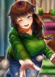 Rule 34 | 1girl, ;d, absurdres, ahoge, alternate costume, blue eyes, blurry, blurry background, blurry foreground, box, braid, breasts, brown hair, commentary request, denim, green sweater, hair flaps, hair over shoulder, highres, holding, holding box, indoors, jeans, kantai collection, large breasts, light blush, long hair, looking at viewer, lower teeth only, masu, motion blur, one eye closed, open mouth, pants, setsubun, shigure (kancolle), shigure kai ni (kancolle), signature, single braid, smile, solo, soybean, sweater, teeth, throwing, tsui (kojiya), v-neck