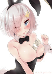 Rule 34 | 1girl, alternate costume, animal ears, black leotard, blue eyes, blush, breasts, rabbit ears, rabbit tail, dated, detached collar, fake animal ears, hair over one eye, hamakaze (kancolle), kantai collection, large breasts, leotard, looking at viewer, money, tucked money, one eye closed, playboy bunny, short hair, silver hair, simple background, smile, solo, tail, tonarikeru, twitter username, white background, wink, wrist cuffs