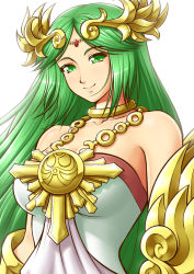 Rule 34 | 1girl, bare shoulders, breasts, green eyes, green hair, highres, jewelry, kid icarus, kid icarus uprising, large breasts, long hair, matching hair/eyes, mazume, necklace, palutena, smile, solo, super smash bros., tiara, very long hair