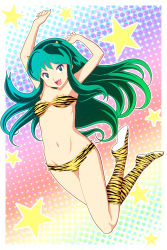 1girl, animal print, armpits, arms up, bikini, boots, breasts, exit nothing, eyeshadow, fangs, green eyes, green hair, highres, horns, jumping, knee boots, legs, legs up, long hair, lum, makeup, navel, oni, oni horns, open mouth, print bikini, smile, solo, swimsuit, thighs, tiger print, tiger stripes, urusei yatsura