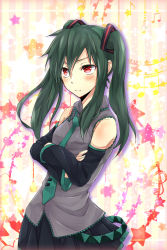 Rule 34 | 1girl, :/, bad id, bad pixiv id, bare shoulders, beamed quavers, blush, cosplay, crossed arms, green hair, hair ornament, hatsune miku, hatsune miku (cosplay), heart, kagerou project, kido tsubomi, long hair, musical note, necktie, pleated skirt, quaver, red eyes, skirt, solo, star (symbol), starry background, tomozero, treble clef, twintails, vocaloid