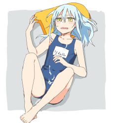 Rule 34 | 1other, blue hair, blush, cum, cum on body, feet, highres, long hair, lying, mikoto kei, name tag, old school swimsuit, one-piece swimsuit, open mouth, rimuru tempest, school swimsuit, swimsuit, tensei shitara slime datta ken, yellow eyes