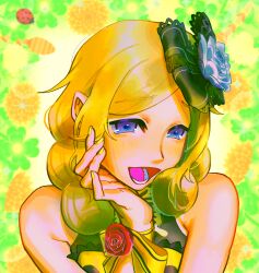 Rule 34 | 1girl, :d, bare shoulders, black bow, blonde hair, blue eyes, blue flower, bow, bug, clover, commentary request, floral background, flower, four-leaf clover, hair bow, hand on own cheek, hand on own face, hand up, highres, insect, iria59, ladybug, long hair, looking at viewer, nail polish, open mouth, orange flower, pretty rhythm, pretty rhythm rainbow live, pretty series, red flower, red rose, rose, smile, solo, takanashi otoha, upper body