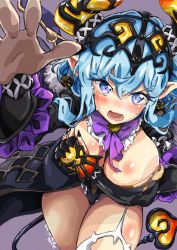 Rule 34 | 10s, 1girl, artist name, black nails, blue eyes, blue hair, blush, breasts, celeas, covering privates, covering breasts, cowboy shot, demon girl, demon horns, demon tail, demon wings, earrings, fingernails, garter straps, hair between eyes, headpiece, highres, horns, jewelry, large breasts, last period, long fingernails, long sleeves, mi mi ham, nail polish, open mouth, outstretched arm, pointy ears, purple background, solo, tail, thigh gap, thighs, twitter username, v-shaped eyebrows, wings