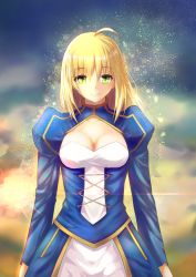 Rule 34 | 1girl, ahoge, alternate hair length, alternate hairstyle, artoria pendragon (all), artoria pendragon (fate), blonde hair, blurry, blurry background, breasts, center opening, cleavage, closed mouth, depth of field, fate/stay night, fate (series), hair between eyes, hazamanokaien, highres, juliet sleeves, kurokku, light rays, light smile, long sleeves, looking at viewer, medium breasts, outdoors, puffy sleeves, saber (fate), smile, solo, standing, upper body