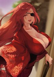 Rule 34 | 1girl, amputee, baiken, blurry, blurry background, breast focus, breasts, cane, cleavage, collarbone, contrapposto, deep cleavage, eyepatch, facial mark, facial tattoo, female focus, gradient background, guilty gear, guilty gear strive, hair tie, highres, holding, holding cane, huge breasts, jako (toyprn), japanese clothes, kimono, long hair, looking at viewer, obi, outdoors, patterned clothing, pinup (style), ponytail, red eyes, red hair, red kimono, sagging breasts, sash, scar, scar across eye, scar on face, shaded face, smile, solo, tattoo, teeth, upper body, upper teeth only, yukata