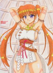 Rule 34 | 1girl, absurdres, alternate costume, armpits, arms behind head, blue eyes, blush, breasts, brown hair, gh9000, highres, large breasts, long hair, lyrical nanoha, mahou shoujo lyrical nanoha strikers, no bra, smile, solo, takamachi nanoha, twintails
