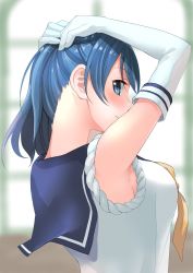Rule 34 | 10s, 1girl, adjusting hair, armpits, bad anatomy, bare shoulders, blue eyes, blue hair, blurry, breasts, depth of field, double bun, elbow gloves, from behind, gloves, highres, kantai collection, large breasts, long hair, looking at viewer, masukuza j, neckerchief, school uniform, serafuku, sleeves rolled up, smile, upper body, urakaze (kancolle), white gloves