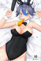 Rule 34 | 1girl, animal ear fluff, animal ears, arm rest, bare arms, bare shoulders, black hair, black hairband, black leotard, blue hair, blush, bow, bowtie, breasts, carrot, cleavage, collarbone, covered navel, cowboy shot, detached collar, fake animal ears, from above, furrowed brow, gluteal fold, groin, hair between eyes, hairband, hands up, highleg, highleg leotard, highres, kemono friends, large breasts, leotard, looking at viewer, lying, maltese tiger (kemono friends), medium hair, mouth hold, multicolored hair, on back, parted bangs, playboy bunny, purple hair, rabbit ears, ryuta (serv4l), slit pupils, solo, strapless, strapless leotard, streaked hair, striped hair, tiger ears, traditional bowtie, twitter username, white hair, wrist cuffs, yellow eyes