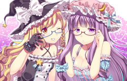 Rule 34 | 2girls, :/, ;d, bad id, bad pixiv id, bare shoulders, bespectacled, black gloves, blonde hair, blush, bow, breasts, cleavage, crescent, frills, glasses, gloves, grin, hat, hat bow, heart, heart of string, kirisame marisa, long hair, matatabi maru, medium breasts, multiple girls, one eye closed, open mouth, patchouli knowledge, purple eyes, purple hair, smile, star (symbol), too many, touhou, upper body, wink, witch hat
