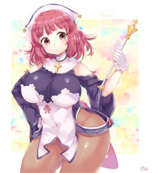 Rule 34 | 1girl, bare hips, bare shoulders, breasts, brown eyes, clothing cutout, covered navel, cross, curvy, gloves, hand on own hip, hat, highres, la pucelle, large breasts, looking at viewer, miyano ururu, mole, mole under eye, nippon ichi, pantyhose, prier, red eyes, red hair, side cutout, solo, thighs, wand, white gloves, wide hips