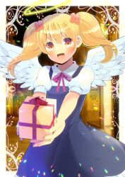 Rule 34 | 1girl, :d, black dress, blonde hair, blush, bow, brown eyes, collared shirt, commentary request, commission, dress, feathered wings, flower, gift, hair between eyes, hair flower, hair ornament, halo, holding, holding gift, kou hiyoyo, open mouth, outstretched arms, poet (pop&#039;n music), pop&#039;n music, puffy short sleeves, puffy sleeves, red bow, red flower, shirt, short sleeves, skeb commission, sleeveless, sleeveless dress, smile, solo, twintails, white shirt, white wings, wings