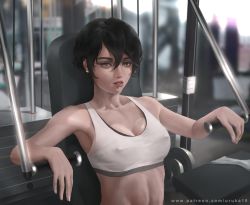 Rule 34 | 1girl, black hair, blurry, blurry background, breasts, cleavage, commission, covered erect nipples, ear piercing, exercising, exercise machine, gym, gym uniform, hair between eyes, indoors, leaning on object, lip piercing, lips, looking at viewer, midriff, orange eyes, original, parted lips, patreon username, piercing, pinup (style), short hair, sports bra, sweat, uruka 18