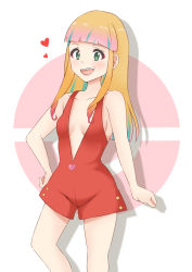 Rule 34 | 1girl, :d, aqua eyes, bare shoulders, blonde hair, blunt bangs, breasts, creatures (company), game freak, gradient hair, green eyes, hand on own hip, heart, kamikitayotsuba, long hair, looking at viewer, medium breasts, multicolored hair, naked overalls, nintendo, no bra, open mouth, overalls, pink hair, poke ball symbol, pokemon, pokemon (anime), pokemon the movie: the power of us, risa (pokemon), smile, solo, standing