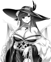 Rule 34 | 1girl, alternate hairstyle, azur lane, bare shoulders, black hair, breasts, cross, cross necklace, folding fan, greyscale, hair ornament, hand fan, hat, highres, hime cut, hori (hori no su), japanese clothes, jewelry, kimono, large breasts, long hair, long sleeves, monochrome, necklace, obi, official alternate costume, peter strasser (azur lane), peter strasser (chronos&#039;s kalendae) (azur lane), sash, solo, white background, wide sleeves