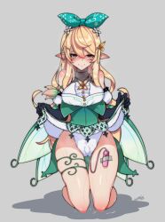 Rule 34 | 1girl, artist name, bare shoulders, black gloves, blonde hair, blush, bow, butterfly brooch, butterfly hair ornament, center frills, clothes lift, detached sleeves, egg vibrator, elbow gloves, fairy, fairy wings, female masturbation, frills, full body, gloves, green bow, green hairband, green skirt, green wings, grey background, hair between eyes, hair bow, hair ornament, hairband, half-closed eyes, halter shirt, halterneck, high-waist skirt, highres, kneeling, leone145wb, lifting own clothes, long hair, looking at viewer, masturbation, naughty face, nijisanji, nijisanji en, panties, pointy ears, pomu rainpuff, pomu rainpuff (1st costume), puffy sleeves, pussy juice, pussy juice trail, red eyes, remote control vibrator, sex toy, shadow, shirt, shirt tucked in, signature, simple background, skindentation, skirt, skirt lift, sleeveless, sleeveless shirt, smile, solo, sweat, tape, thighlet, underwear, very long hair, vibrator, vibrator bulge, vibrator under clothes, virtual youtuber, white panties, white shirt, wings