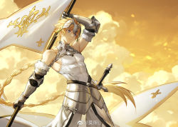 Rule 34 | 1boy, armor, blonde hair, blue eyes, braid, braided ponytail, chain, closed mouth, cloud, collar, fate/apocrypha, fate/grand order, fate (series), flag, gauntlets, genderswap, genderswap (ftm), headpiece, holding, holding flag, jeanne d&#039;arc (fate), jeanne d&#039;arc (third ascension) (fate), long hair, male focus, metal collar, mosi l, outdoors, sky, solo, sunrise, sword, very long hair, weapon, yellow sky