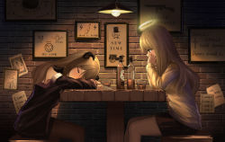 Rule 34 | 2girls, alcohol, angel, bad id, bad pixiv id, black eyes, black legwear, black shirt, black skirt, blonde hair, blush, bottle, brick wall, brown hair, commentary request, demon girl, english text, closed eyes, from side, glass, halo, head rest, highres, horns, long hair, long sleeves, looking at another, multiple girls, original, pantyhose, paper, picture frame, shirt, sign, sitting, skirt, table, very long hair, white shirt, yurichtofen