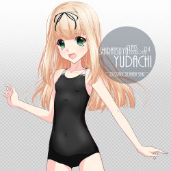 Rule 34 | 1girl, artist name, black one-piece swimsuit, black ribbon, blonde hair, character name, checkered background, collarbone, commentary request, competition swimsuit, cowboy shot, flat chest, gradient background, green eyes, grey background, hair ribbon, inaba shiki, kantai collection, long hair, looking at viewer, multicolored clothes, multicolored swimsuit, one-hour drawing challenge, one-piece swimsuit, ribbon, simple background, smile, solo, standing, straight hair, swimsuit, yuudachi (kancolle)