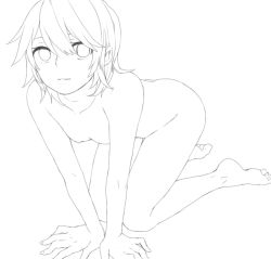 Rule 34 | 1girl, all fours, ass, breasts, collarbone, greyscale, hair between eyes, kagamine rin, kuronyanko, leaning forward, looking at viewer, messy hair, monochrome, nipples, nude, own hands together, parted lips, short hair, sketch, small breasts, solo, vocaloid