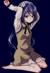 Rule 34 | 1girl, arms up, barefoot, brown dress, bruise, chain, chained, chain, dirty, dirty clothes, dress, empty eyes, flower, hair flower, hair ornament, injury, long hair, long sleeves, low twintails, purple eyes, purple hair, scratches, shirt, sitting, solo, touhou, tsukumo benben, twintails, uranaishi (miraura), very long hair, wariza