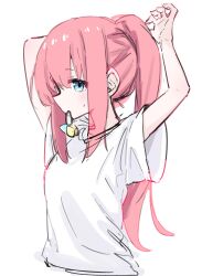 Rule 34 | 1girl, absurdres, arm up, arms up, artist request, blue eyes, bocchi the rock!, cube hair ornament, female focus, gotoh hitori, hair ornament, highres, looking at viewer, looking to the side, object in mouth, pink hair, shirt, simple background, solo, sweatdrop, t-shirt, translucent hair, tying hair, unfinished, upper body, white background, white shirt