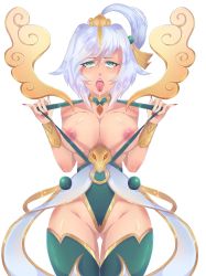 Rule 34 | 1girl, ahegao, breasts, choker, dollachan, eyeliner, facing viewer, gems, green eyes, highres, jewelry, league of legends, lux (league of legends), makeup, necklace, nipples, ponytail, saliva, short hair, solo, white hair