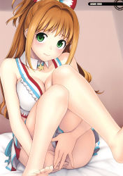 Rule 34 | 10s, 1girl, :&gt;, bare legs, bare shoulders, barefoot, blush, breasts, brown hair, cleavage, clothes between thighs, covering privates, covering crotch, detached collar, feet, green eyes, hair intakes, highres, hino akane (idolmaster), idolmaster, idolmaster cinderella girls, knees to chest, lips, long hair, namco, no panties, one side up, scan, sitting, solo, tanaka shoutarou, toes