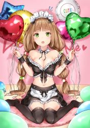 Rule 34 | 1girl, apron, balloon, bare shoulders, black bow, black legwear, black ribbon, black skirt, blunt bangs, blush, bow, breasts, brown hair, cleavage, clenched hands, collar, collarbone, english text, fingernails, flying sweatdrops, frilled cuffs, frilled skirt, frills, full body, green eyes, hair ornament, hair scrunchie, heart, heart balloon, highres, holding, holding balloon, long hair, looking at viewer, low twintails, maid, maid apron, medium breasts, midriff, navel, no shoes, on floor, original, ribbon, scrunchie, skirt, twintails, yoshida iyo