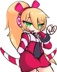 Rule 34 | 1girl, absurdres, android, blonde hair, blush, call (mighty no. 9), call f, dress, eyebrows, green eyes, hairband, headphones, highres, jacket, long hair, mighty no. 9, open mouth, ribbon, robot, shirt, simple background, solo, weapon, white background