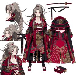 Rule 34 | 1girl, absurdres, cbow, character sheet, chinese clothes, closed mouth, coat, collared coat, full body, grey hair, highres, looking at viewer, multiple views, ponytail, red eyes, sandals, solo, sword, virtual youtuber, weapon, white background