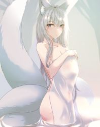 Rule 34 | 1girl, absurdres, alternate costume, animal ear fluff, animal ears, azur lane, bare shoulders, bathing, blue eyes, blush, breasts, closed mouth, collarbone, covering privates, extra ears, feet out of frame, fox ears, fox tail, from side, highres, long hair, looking at viewer, medium breasts, naked towel, natsuki (tyuiojl), nude cover, shinano (azur lane), sidelocks, simple background, solo, standing, tail, towel, twitter username, wet, white hair